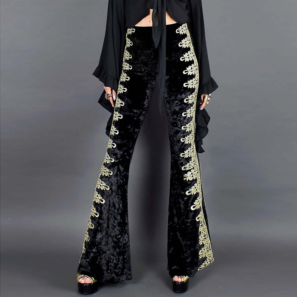 Velvet High Waisted Flare Pants for Women Unique Embroidery Slim Fit Autumn Winter Style Wholesale Available