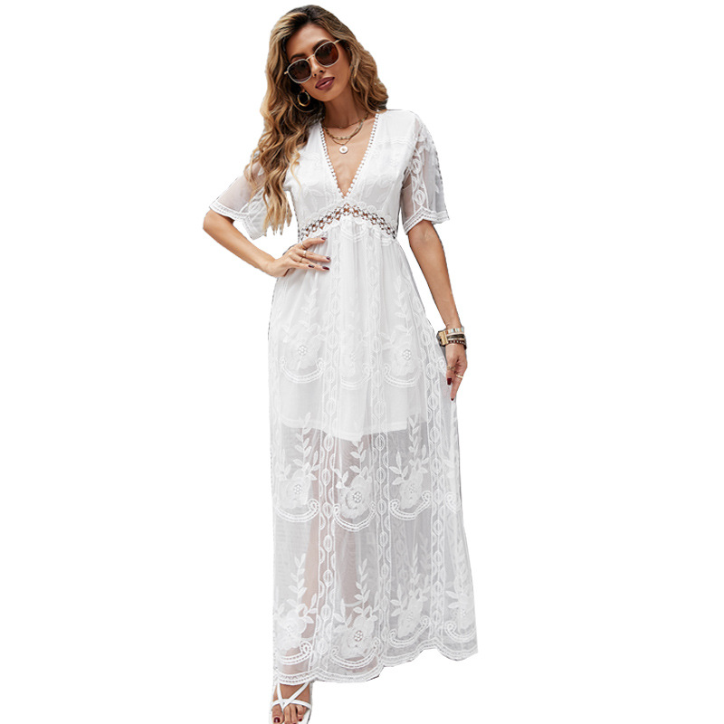 Lace Maxi Dress Embroidered V Neck Solid Color Summer Vacation Style Available in 6 Colors Wholesale