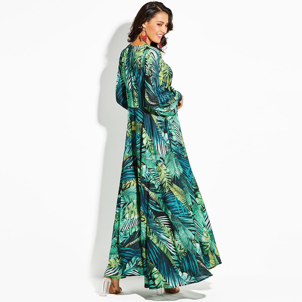 Floral Print Maxi Dress Lantern Sleeves Sexy V Neck Leaf Pattern Spring Summer Fashion Wholesale Available