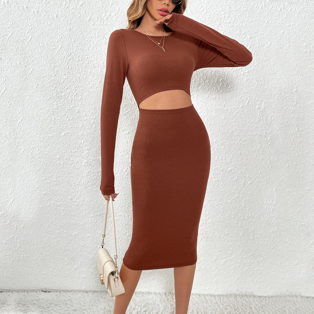 European and American Cross border Knitted Sexy Waist Hollow Slim Hip Long Dress