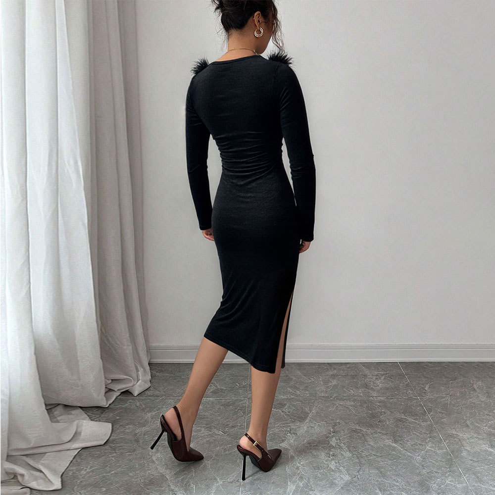 Black Plush Collar Long Dress for Women Slim Fit Side Slit Elegant Design Perfect for Autumn and Winter Evening