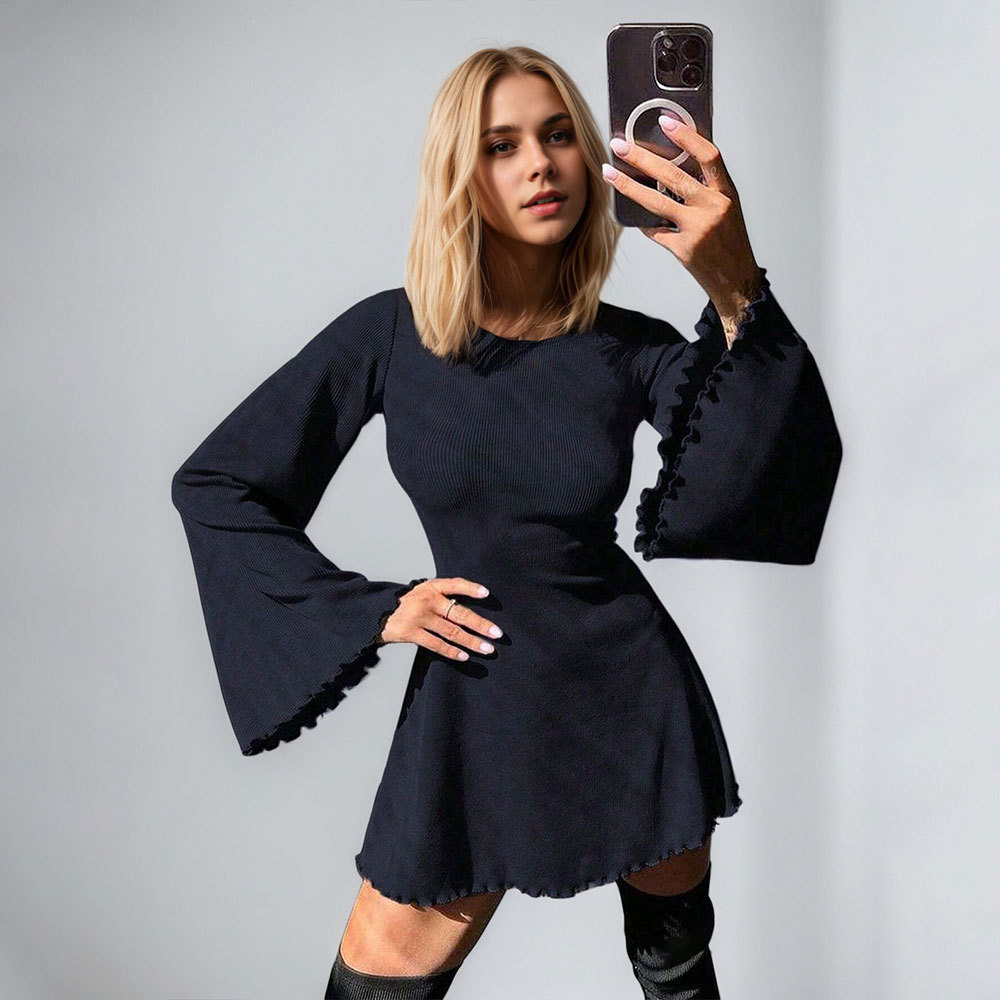 Autumn and Winter Elegant European and American Style Women's Dress with Flared Sleeves and Backless Design