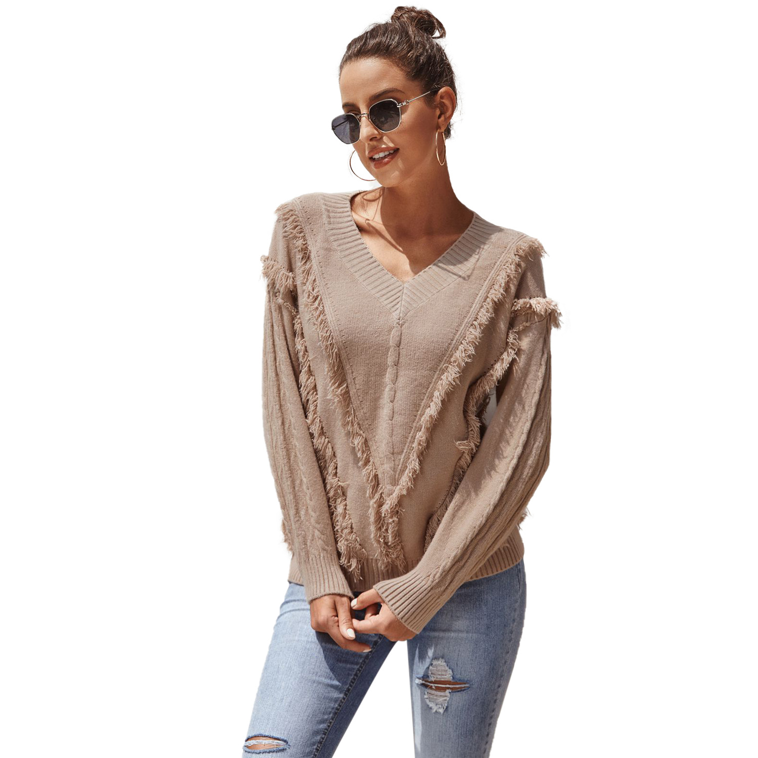 V Neck Long Sleeve Sweater Stylish Versatile Comfortable Autumn and Winter Wear Wholesale Available