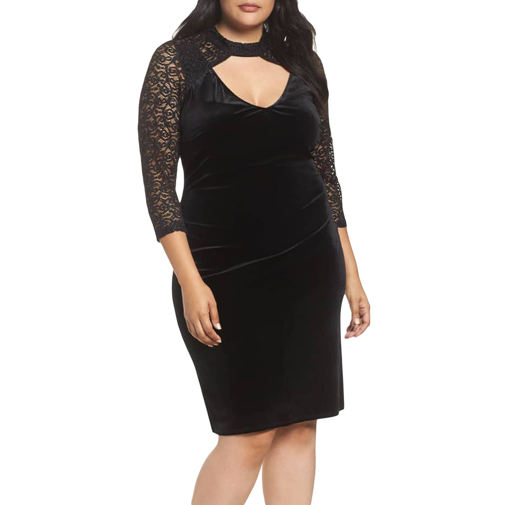 Velvet Evening Dress for Women Lace High Neck Hollow Out Three Quarter Sleeve Bodycon Plus Size Formal Occasion