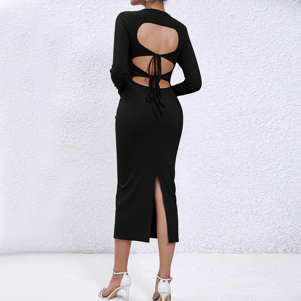 Sexy Hollow Out Bodycon Midi Dress with Long Sleeves