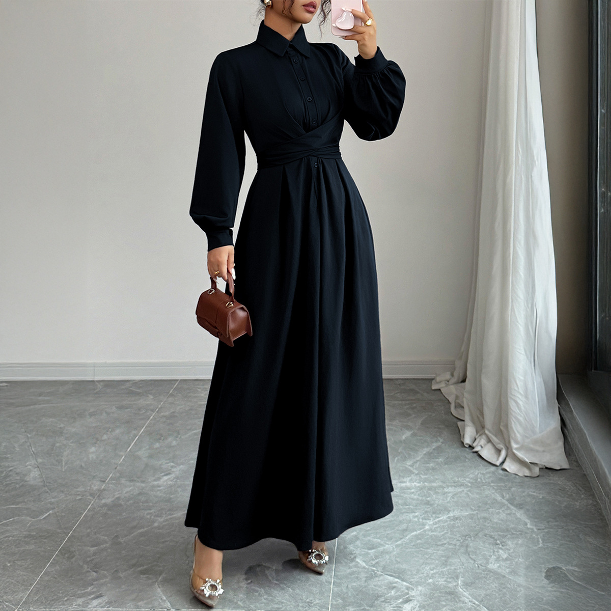 European and American Simple Elegant High end Long Sleeve Long Dress Women Autumn and Winter