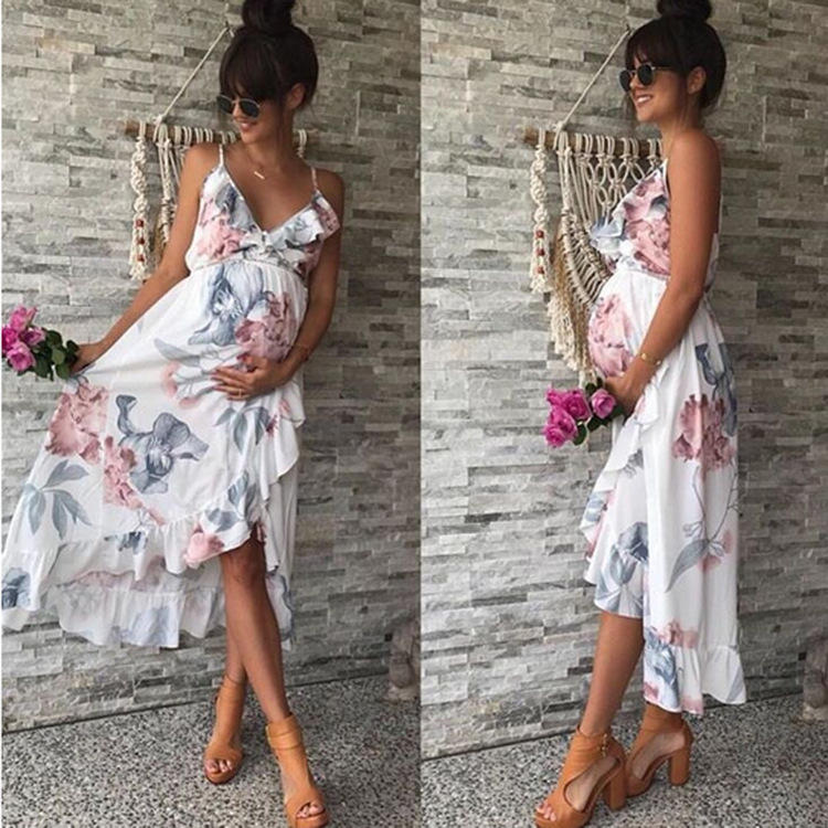 Floral Print Maternity Dress Deep V Neck Ruffled Hem Loose Fit Irregular Design Casual Wear for Expecting Mothers