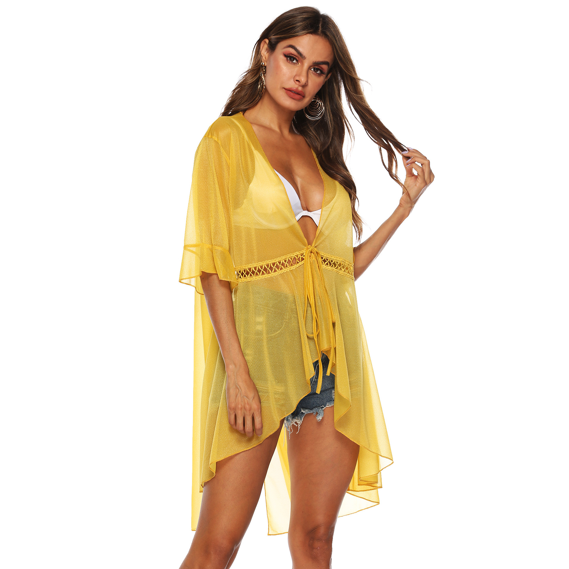 Sheer Loose Fit Ruffled Sleeve Beach Cover Up Adjustable Tie Sun Protection Lightweight Fabric Summer Casual Wear