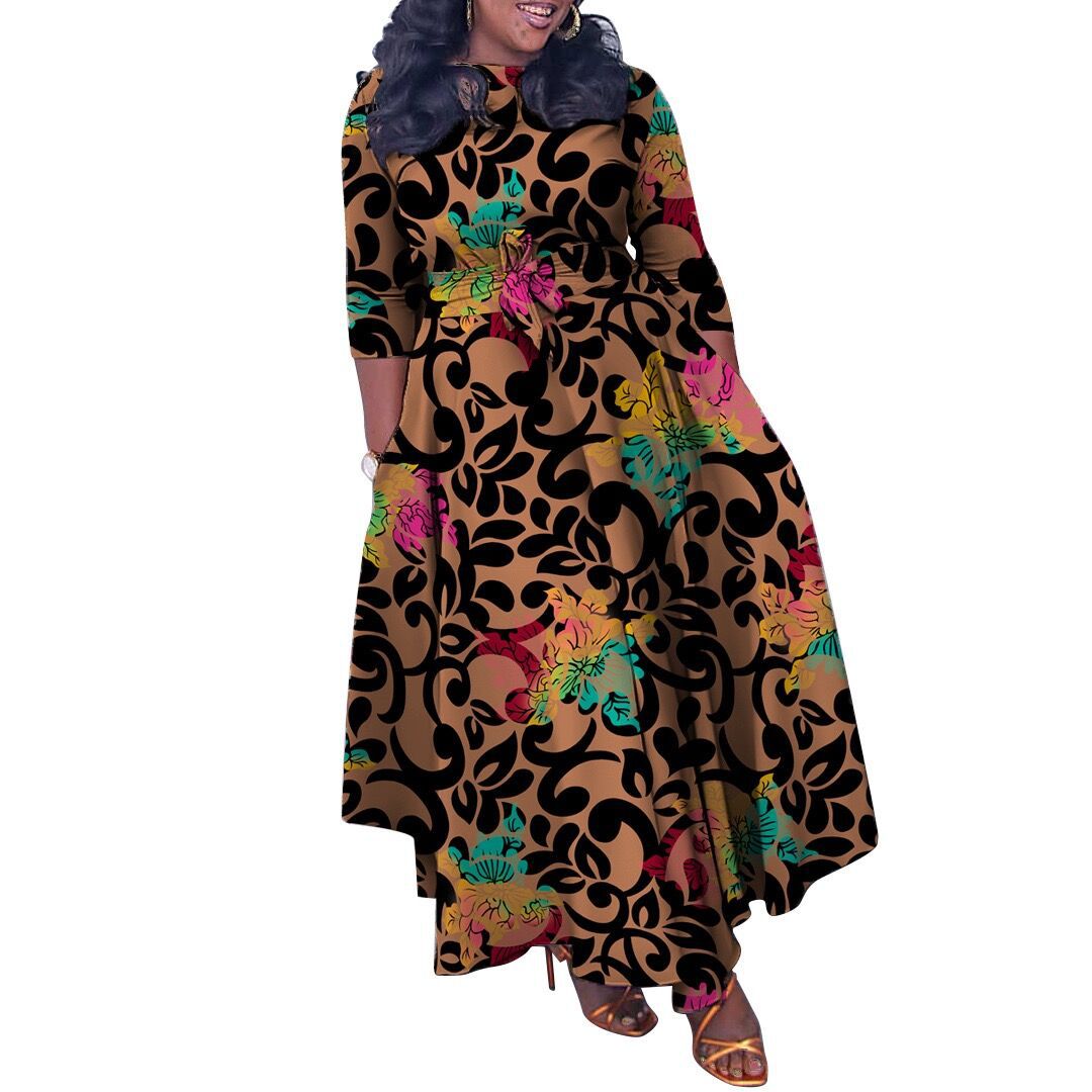 Plus Size African Dress — Fashionable Floral Print, Tie Neck, Flared Hem — Spring Summer Style — Wholesale Supply Terms