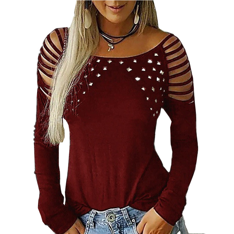 Long Sleeve T Shirt for Women Solid Color Rhinestone Detail Casual Style Perfect for Autumn and Winter Wholesale