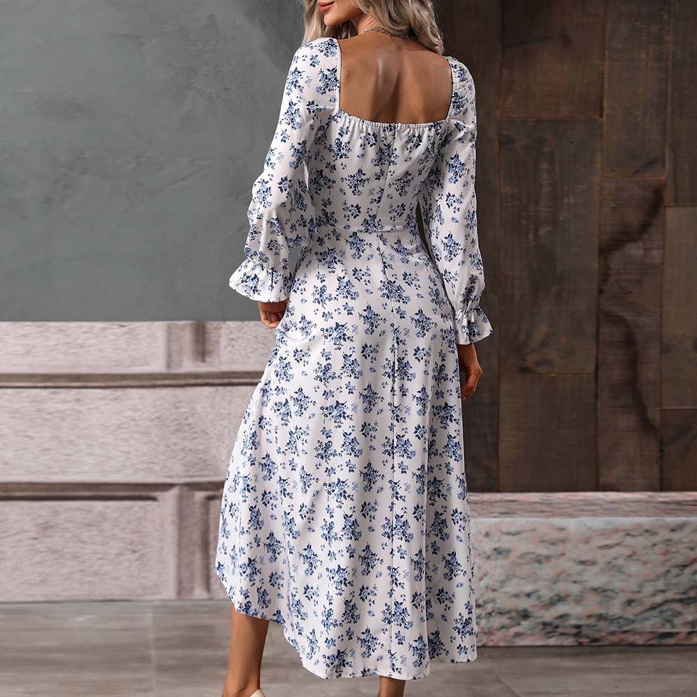 Floral Print Maxi Dress Square Neck High Waist Elegant Style Autumn Winter Collection Wholesale Available