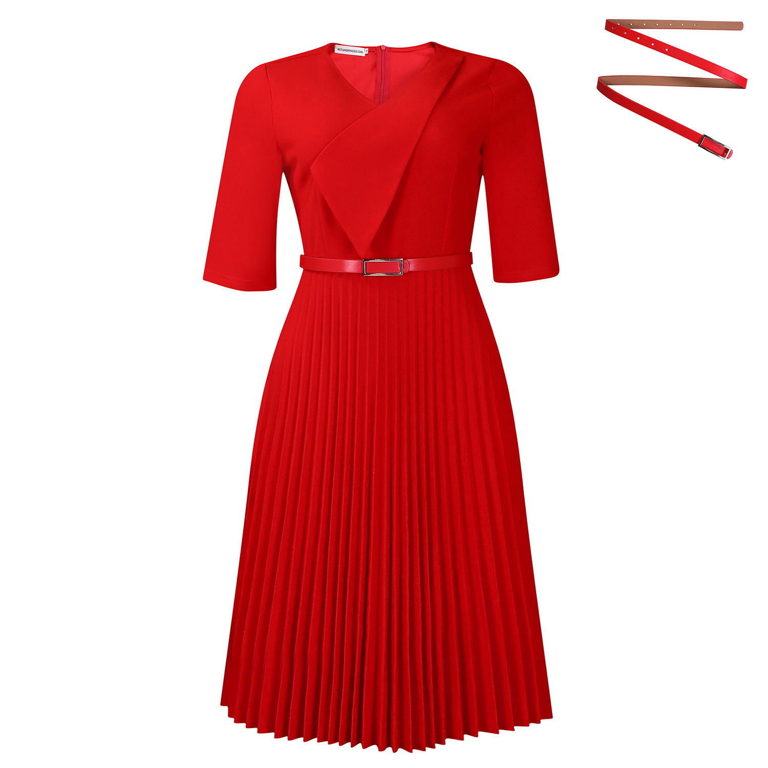 Fashionable Women's Solid Color V Neck Dress with Pleated Design for African Cross Border Trade, Elegant and Stylish Look