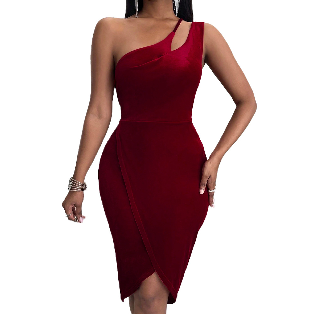 Velvet Slim Fit One Shoulder Bodycon Dress