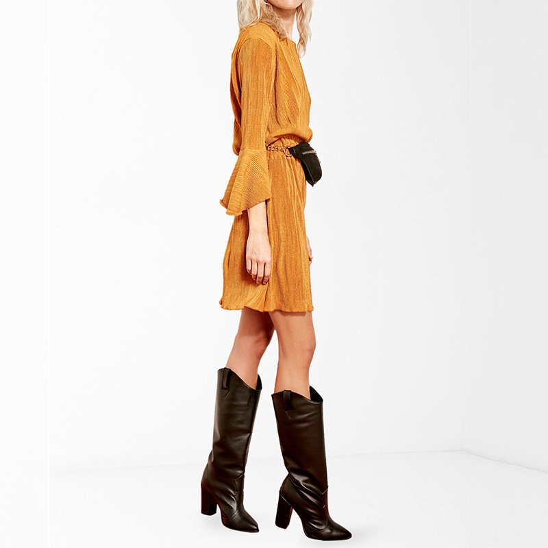 Vintage Knit Dress Round Neck Bell Sleeves Autumn Winter Style Wholesale Womens Midi Dress customizable