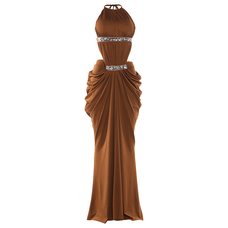 European and American Cross border Spring New Women's Fashion Halter Neck Lace Sequin Sexy Backless Split Dress