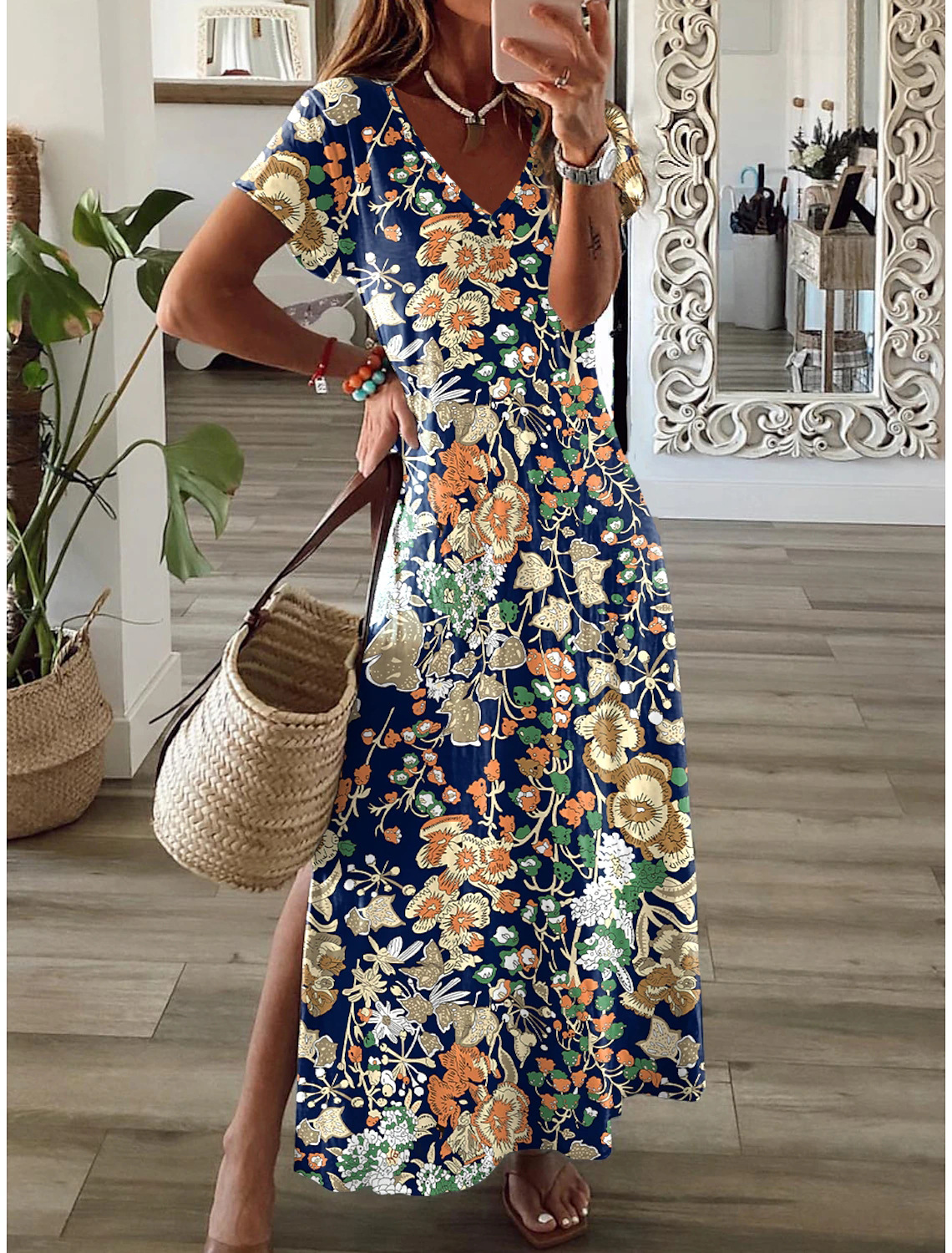 Womens Floral Casual Vacation V Neck Split Maxi Dress Lightweight Fabric Trendy Design Perfect for Summer Wholesale