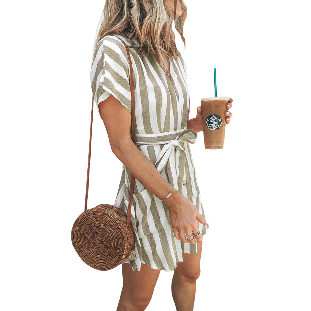 Color Block V Neck Short Sleeve Dress High Waist Knee Length Striped Design Casual Summer Wear Wholesale Available
