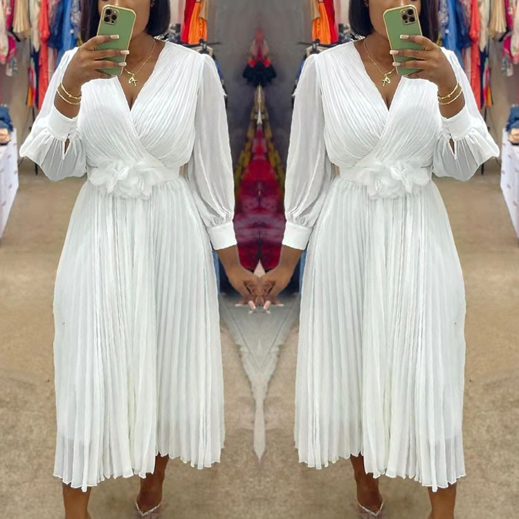 Long Sleeve Solid Color Pleated Dress Waist Defining Elegant Design Perfect for Casual or Formal Occasions Wholesale