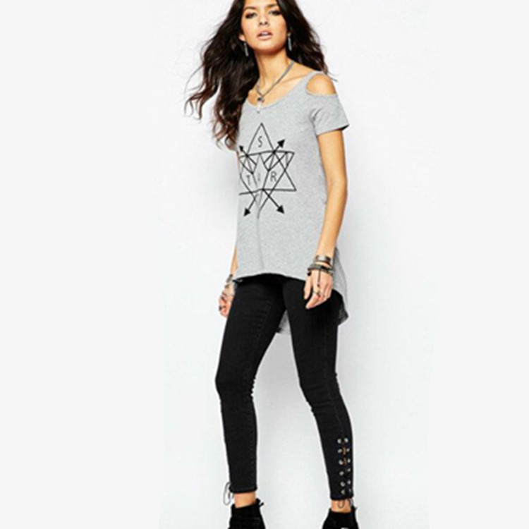 Geometric Print Off Shoulder T Shirt Short Sleeve Mid Length Stylish Design Casual Wear for Women Wholesale