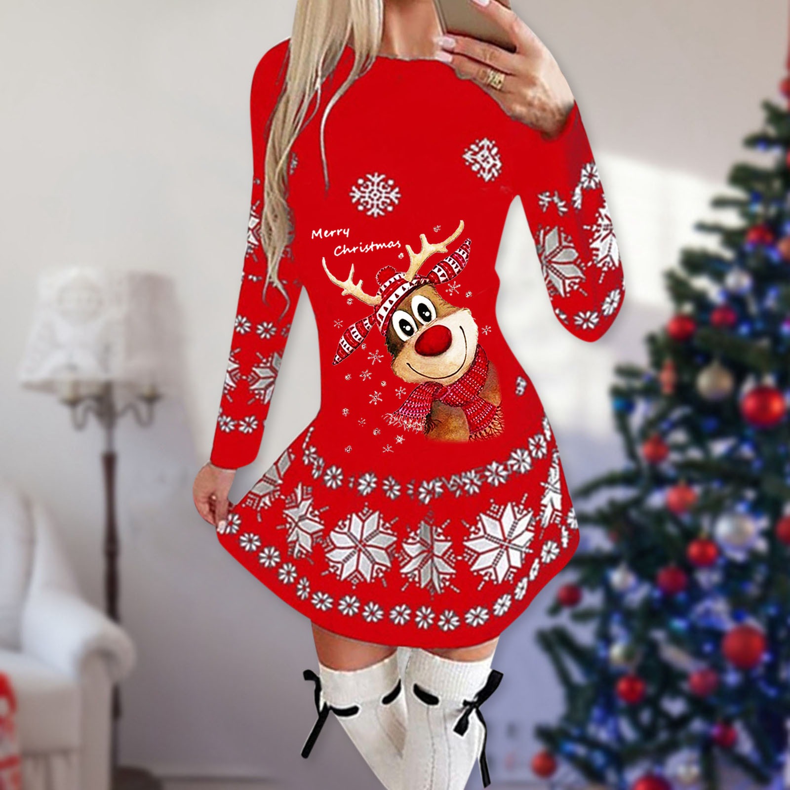 Womens Long Sleeve Printed Dress Round Neck Autumn Winter Style Christmas Theme Wholesale Availability