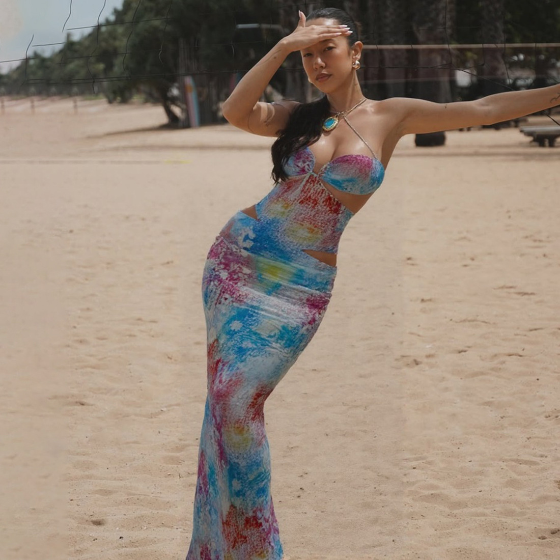 New Spring Summer Women's Fashion Sexy Hollow Out Sleeveless Color Block Printed Strapless Bodycon Maxi Dress