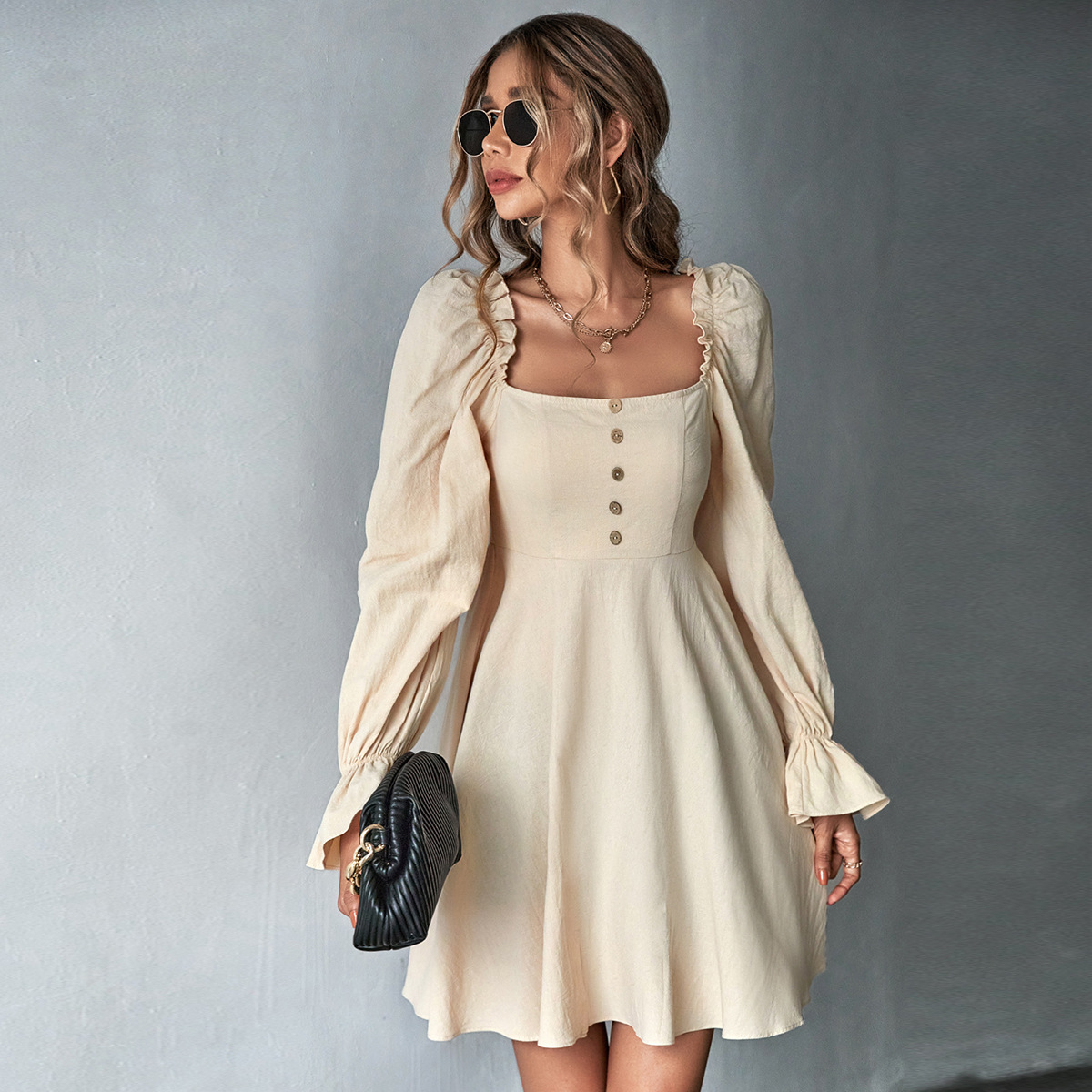 Cross border European and American Women's Dress with Puff Sleeves, Square Neck, Waist Slimming, Long Sleeve, French Style A lin