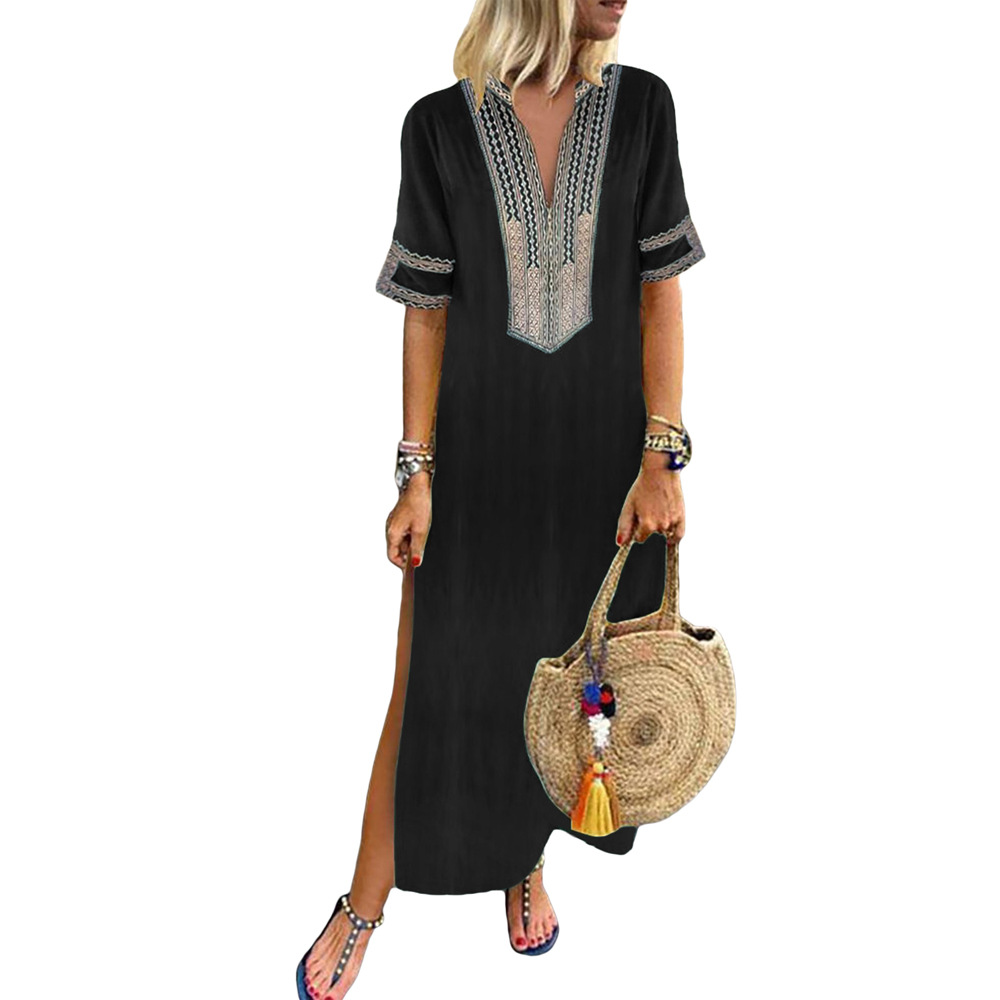 Summer Vacation Midi Dress Loose Fit Short Sleeve V Neck Side Slit Casual Beachwear Wholesale Available