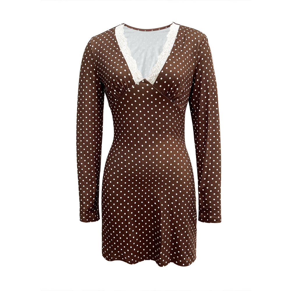 New Autumn Winter V neck Lace Trim Polka Dot Slim Fit Bodycon Long Sleeve Mini Dress