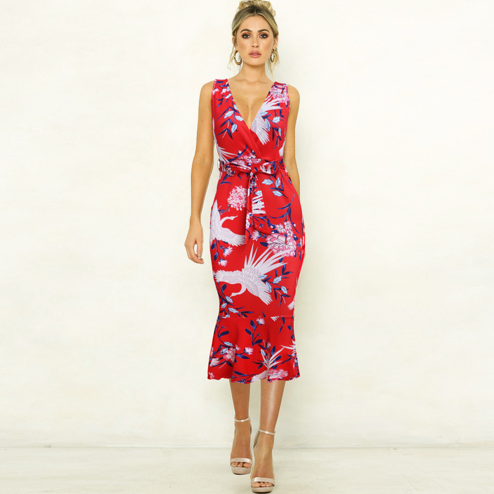 Summer Womens Dress V Neck Slim Fit Floral Print Ruffle Hem Casual or Party Wear Wholesale Available