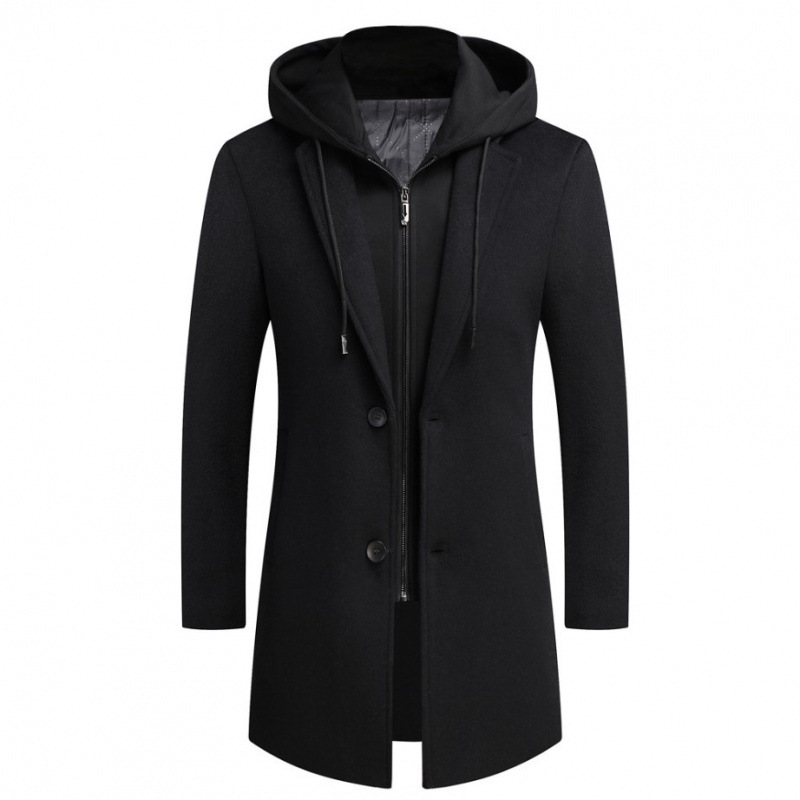 New Men's Korean Style Casual Woolen Coat Mid length with Detachable Hood Trendy Jacket