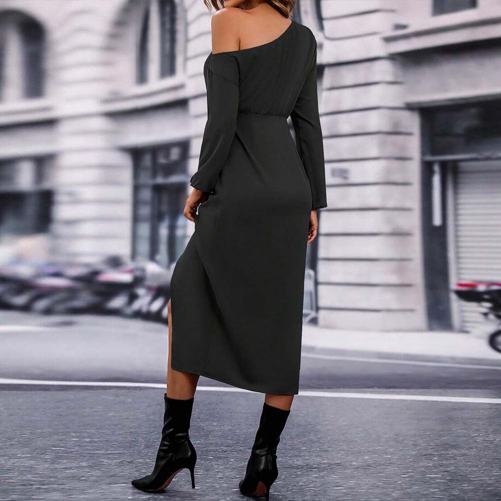 Long Sleeve Off Shoulder Dress Sexy Split Design Waist Cinching Elegant Style Perfect for Autumn and Winter Events