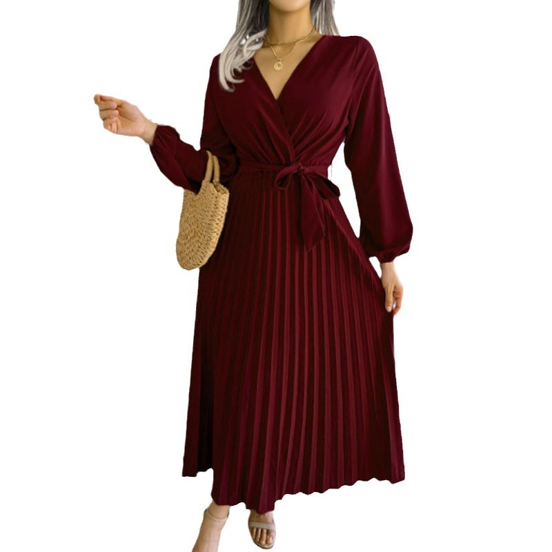 Summer Casual High Waist Pleated Dress Solid Color V Neck Cross Back Design Perfect for Outdoor Events Wholesale