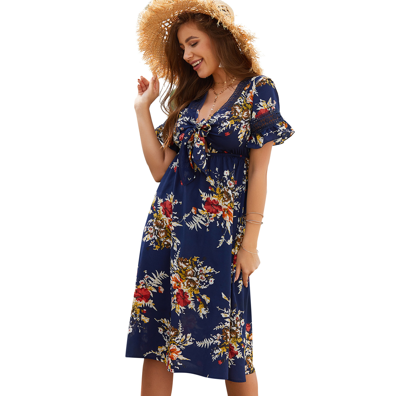 Summer Floral Print Dress V Neck Short Sleeve Casual Style Perfect for Parties or Everyday Wear Wholesale Available