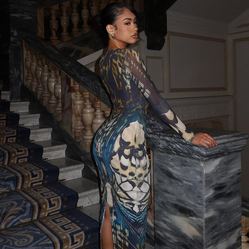 European and American Cross border Autumn New Women's Fashion Ring Buckle Splicing Long Sleeve Low Neck Bodycon Split Dress