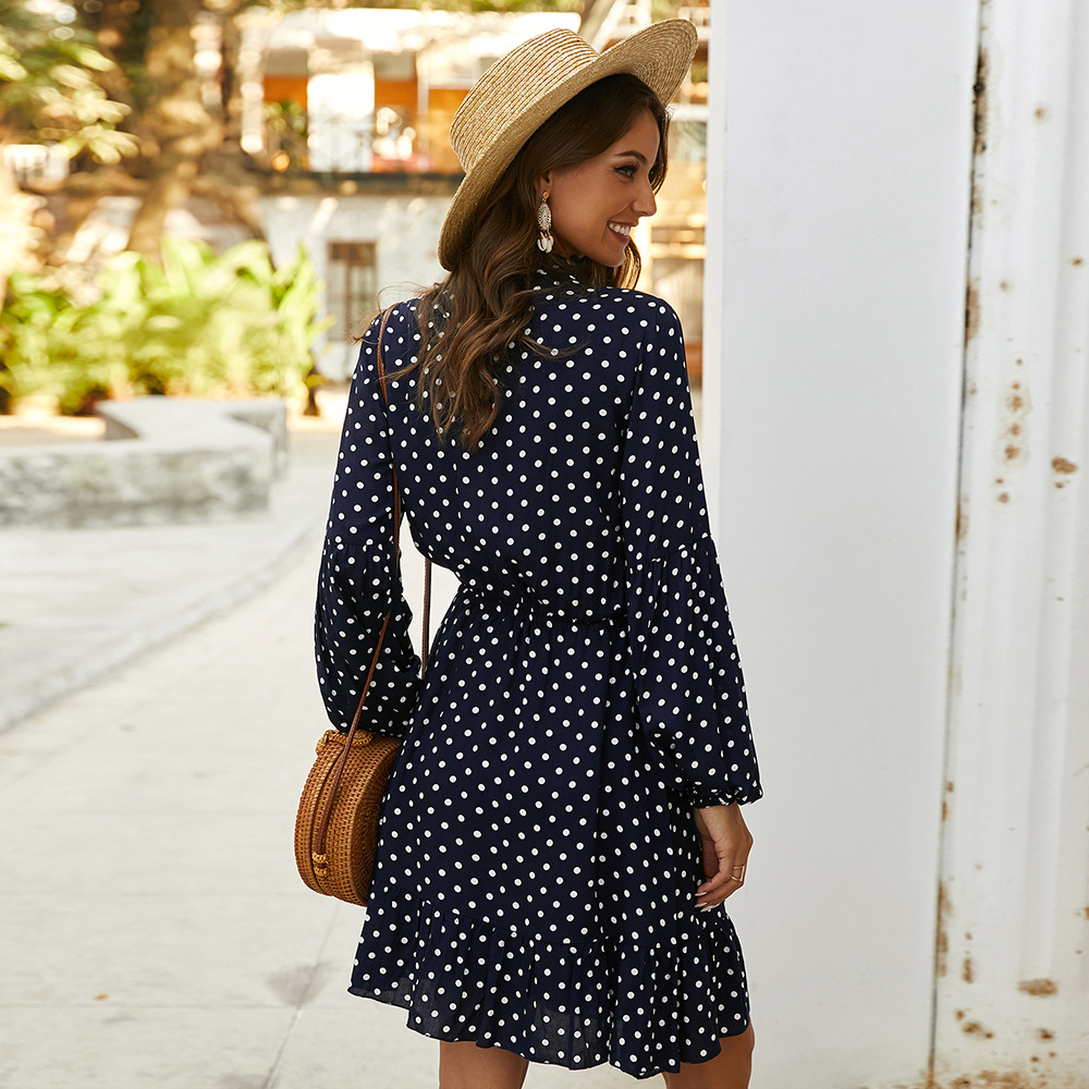 Fashion Womens Dress Long Sleeve Polka Dot Comfortable Cotton Blend Spring Summer Casual Wear Wholesale Available