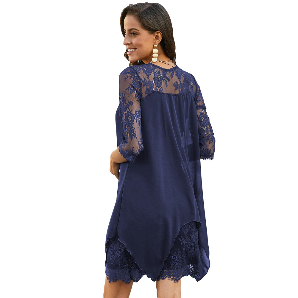 Spring Womens Dress Solid Color Lace Panel Round Neck Three Quarter Sleeve Asymmetrical Hem Formal Occasion