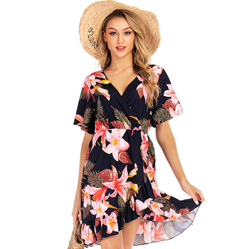 Womens Floral Print V Neck Dress Short Sleeve Casual Style Spring Collection Wholesale Available