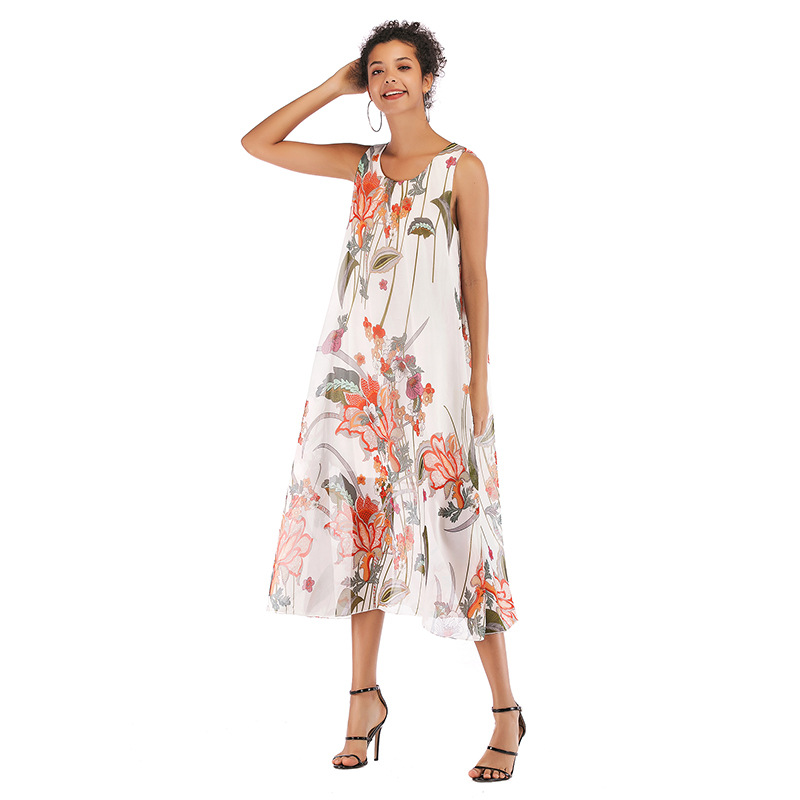 Womens Beach Dress Sleeveless Round Neck Floral Print Flowy Chiffon Summer Casual Wear Wholesale Available