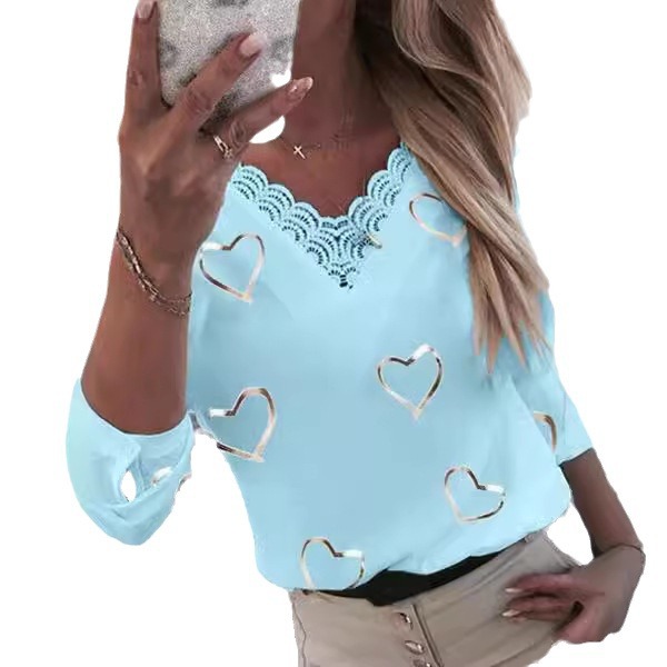 Heart Print V Neck Long Sleeve T Shirt for Women Summer Collection Casual Wear Ready to Ship Wholesale Available