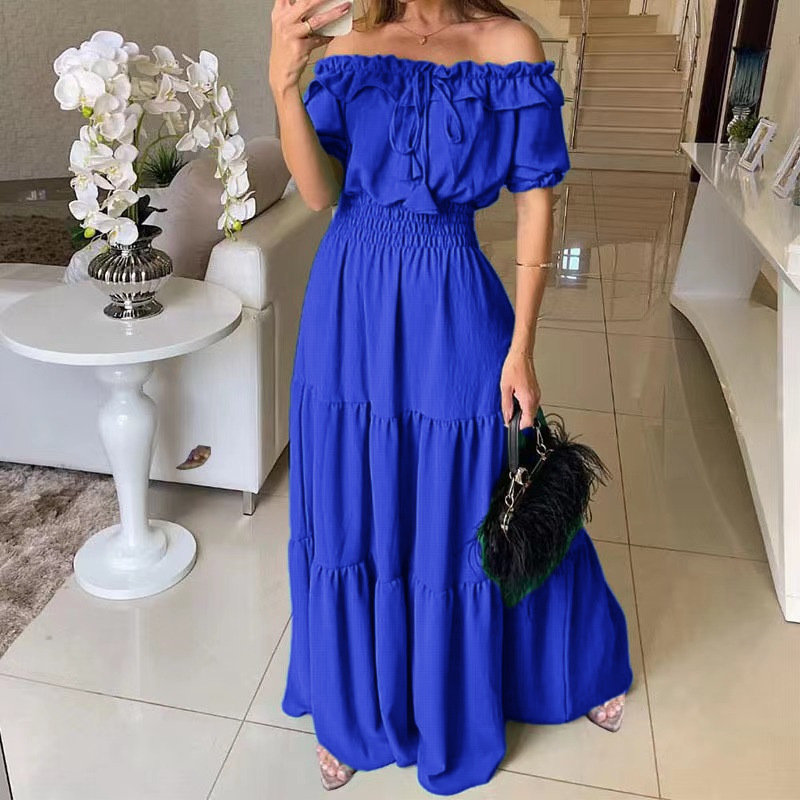 European Market Elegant Solid Color Strapless Ruffled Puff Sleeve Maxi Dress — Fashionable, Trendy, Comfortable — Casual, Part