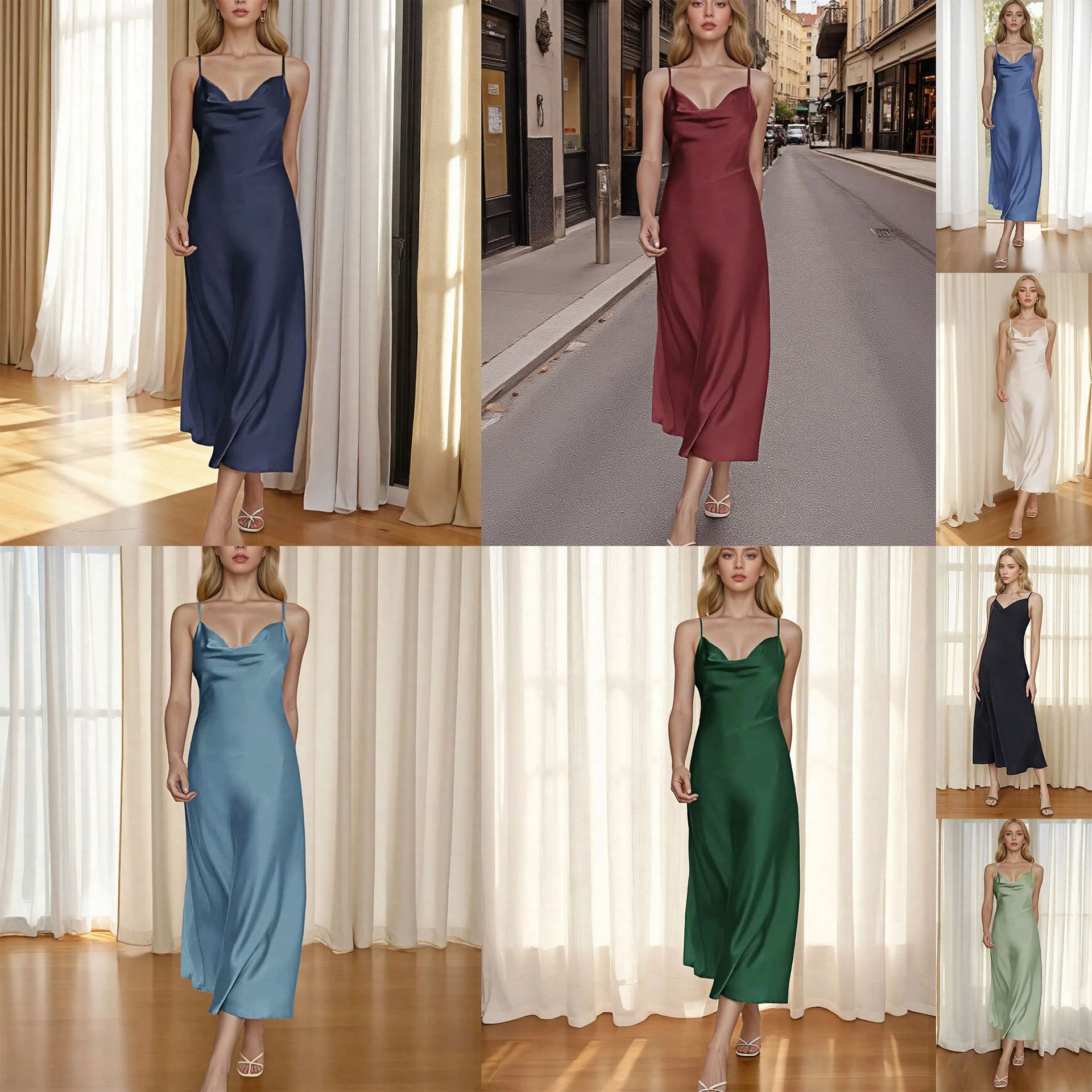European and American Market Women's Fashion — New Arrivals, Acetate Satin, Sexy, French Style, Long Dress — Casual Wear — Who