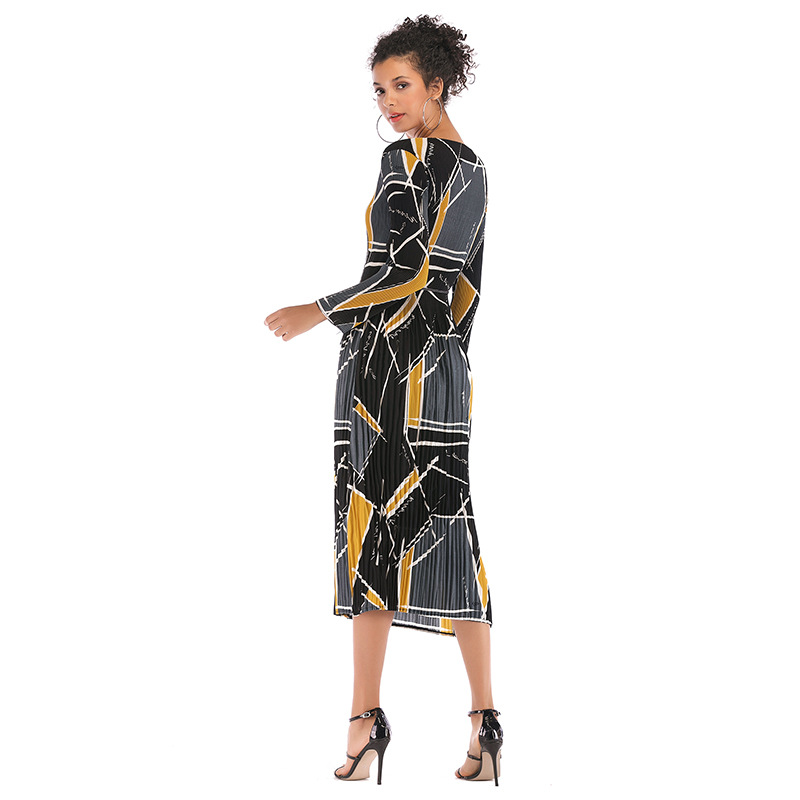 Geometric Print Chiffon Dress Long Sleeve Belted Pleated Design Perfect for Spring Summer Events Wholesale Available