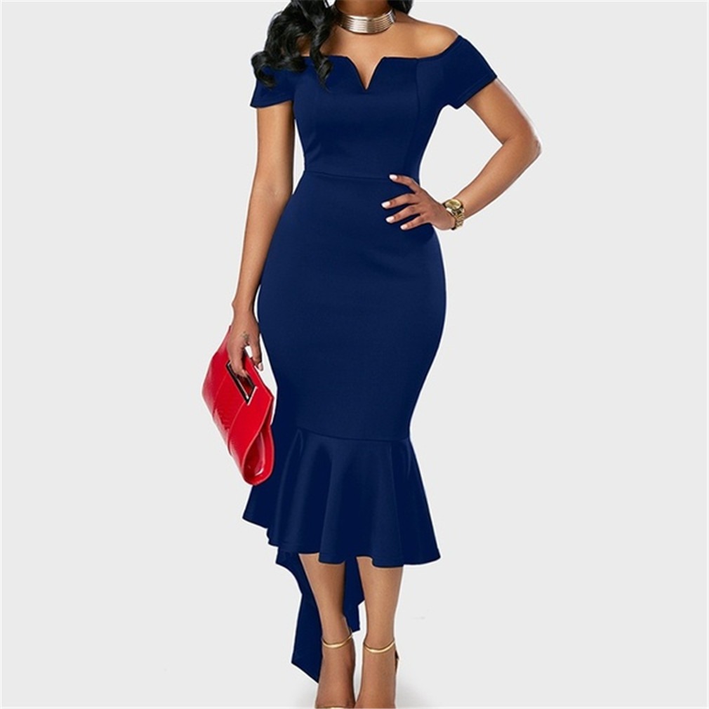 Womens Autumn Dress Short Sleeve Off Shoulder V Neck Asymmetrical Hem Casual or Evening Wear Wholesale Available