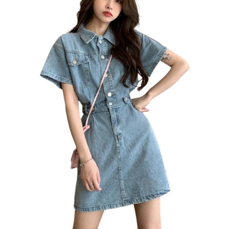 Vintage Hong Kong Style Denim Dress for Women Spring Slim Fit Short Length Elegant Design Perfect for Casual