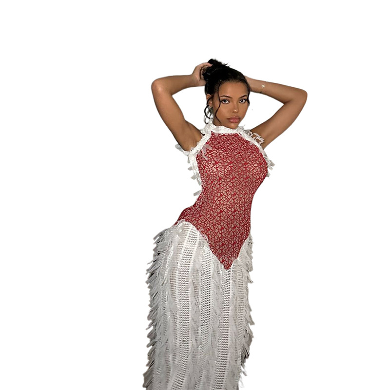 European and American Style Summer Women's New Fashion Personality Sleeveless Spliced Backless Fringed Sheer Long Dress