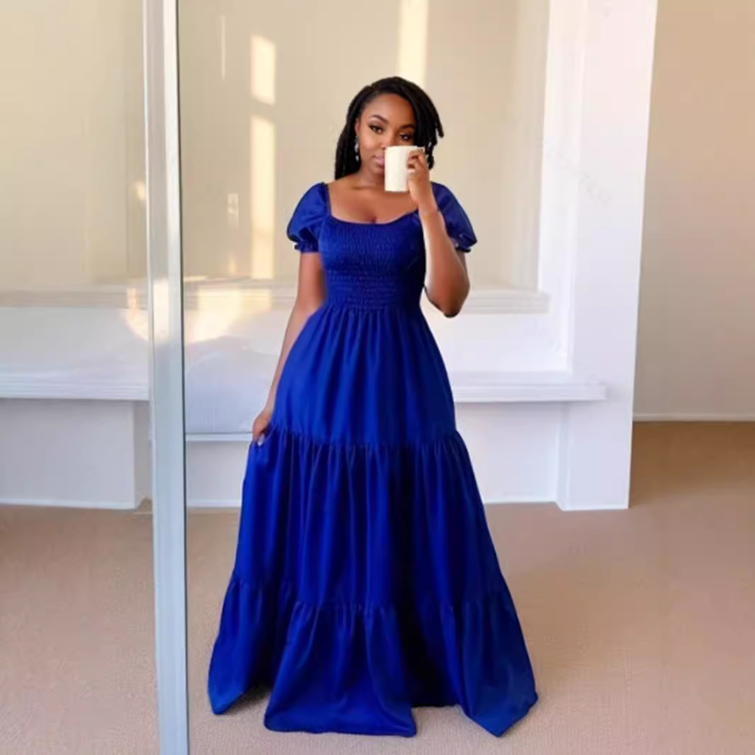 European and American Cross border Hot Selling Commuter Solid Color Square Neck Spliced Long Skirt Dress