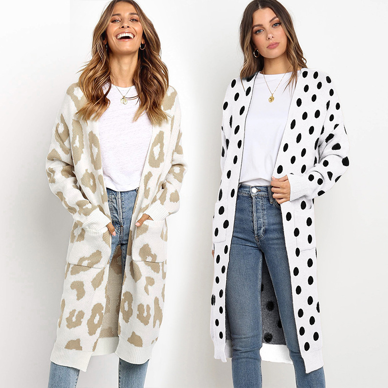 Long Sleeve Knitted Cardigan Mid Length Leopard Print Cozy Fabric Fall Winter Fashion for Women Wholesale Available