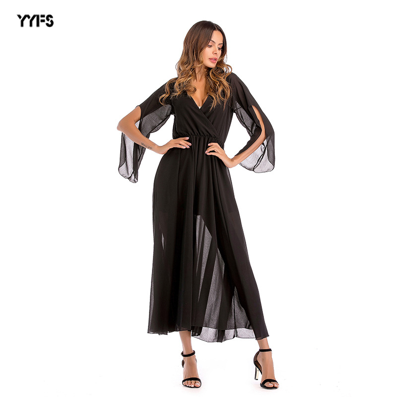Womens Chiffon Maxi Dress Deep V Neck Color Block Flowy Design Spring Summer Fashion Wholesale Available