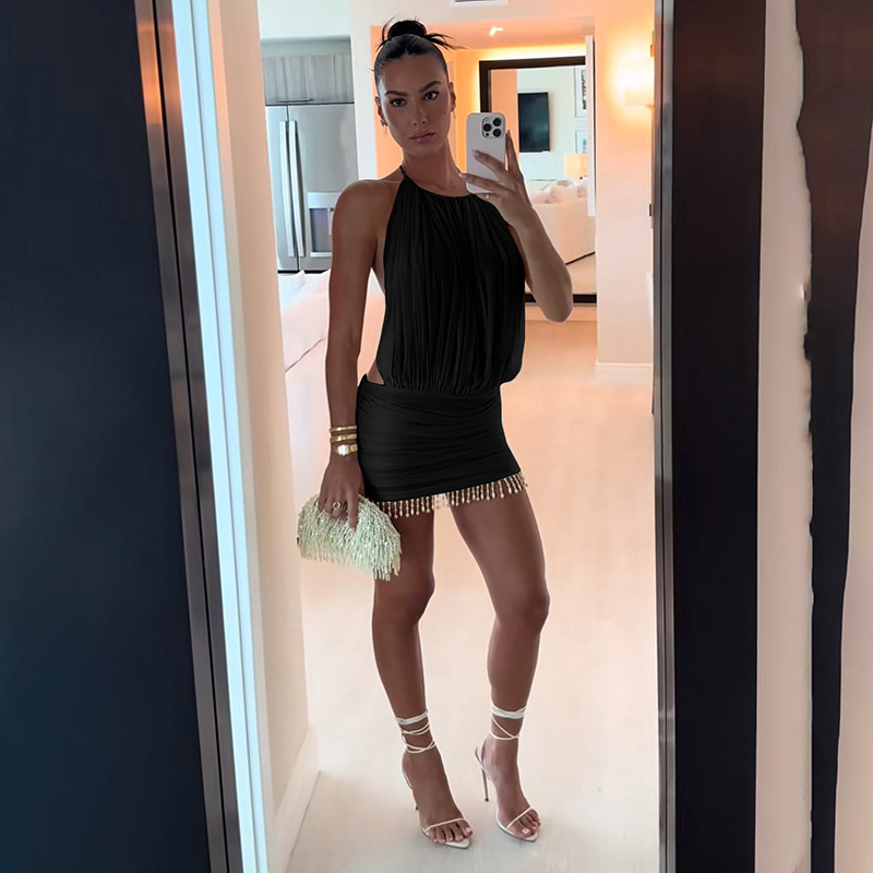 Summer Women's Sexy Halter Neck Sleeveless Bodycon Dress with Fringe and Beads, Trendy Cross Border European and American Styl