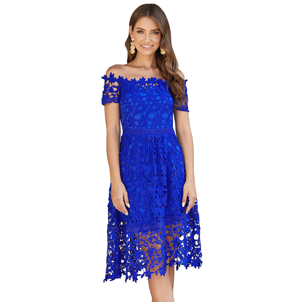 Summer Mini Dress Lace Off Shoulder Short Sleeve High Waist Mid Length Cocktail Party or Evening Wear Wholesale